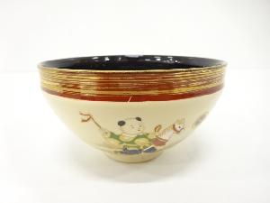 京焼　加藤貴山造　金彩色絵　唐子遊び　天目　茶碗